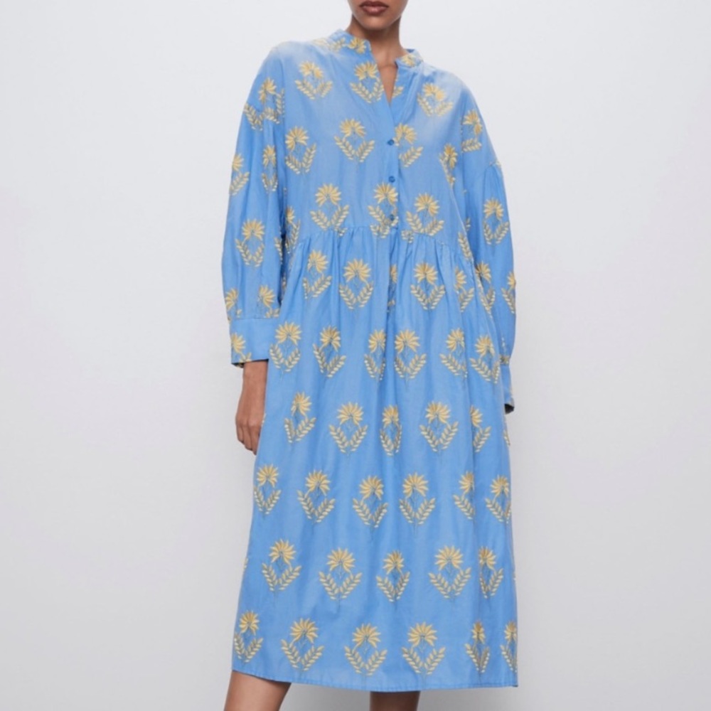 Zara Dress Size Small oversized floral embroidered tunic dress Blue with yellow